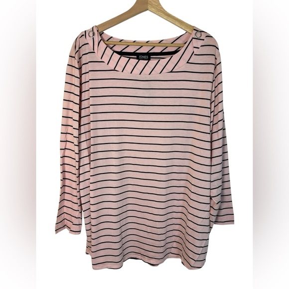 Jones New York Women 3X Pink Striped Boat Neck Tunic Button Accent Sailor - Picture 1 of 12
